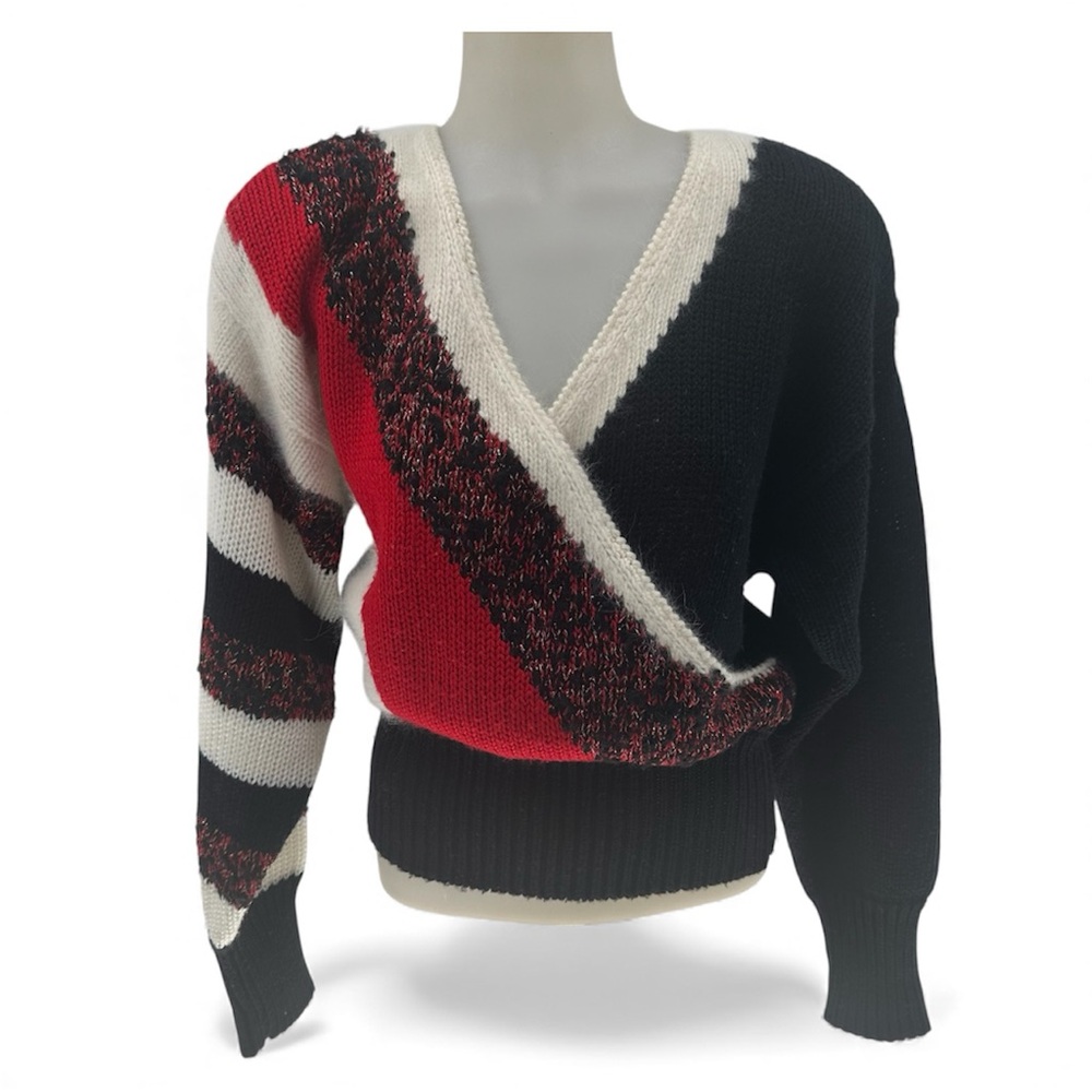 Vintage CeZanne Angora Blend Metallic Red Black White Wrap Knit Sweater Sz M